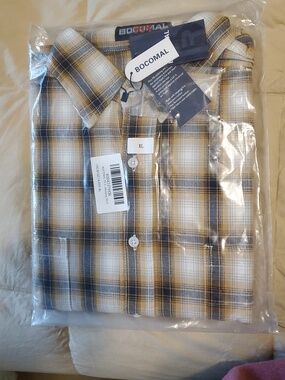 Bocomal FR Men’s Navy Blue& Tan Plaid Cotton Button-Down Welding Shirt Size XL